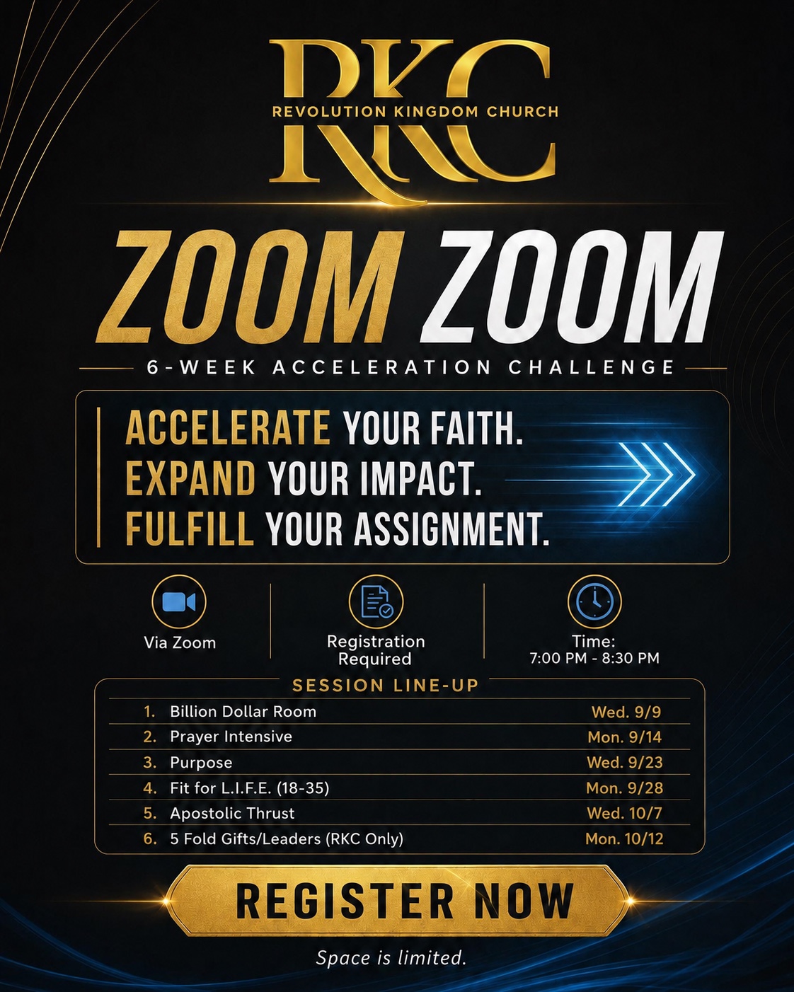 RKC Zoom Zoom 6-week acceleration challenge flyer with six sessions from September 9 through October 12, 2026.